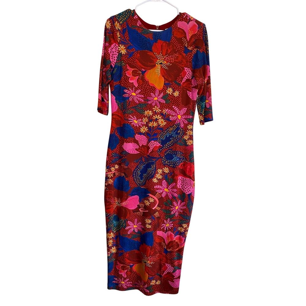 Farm Rio Women's M Snake Garden Red Jersey Midi Dress Fitted Bodycon Sheath Boho